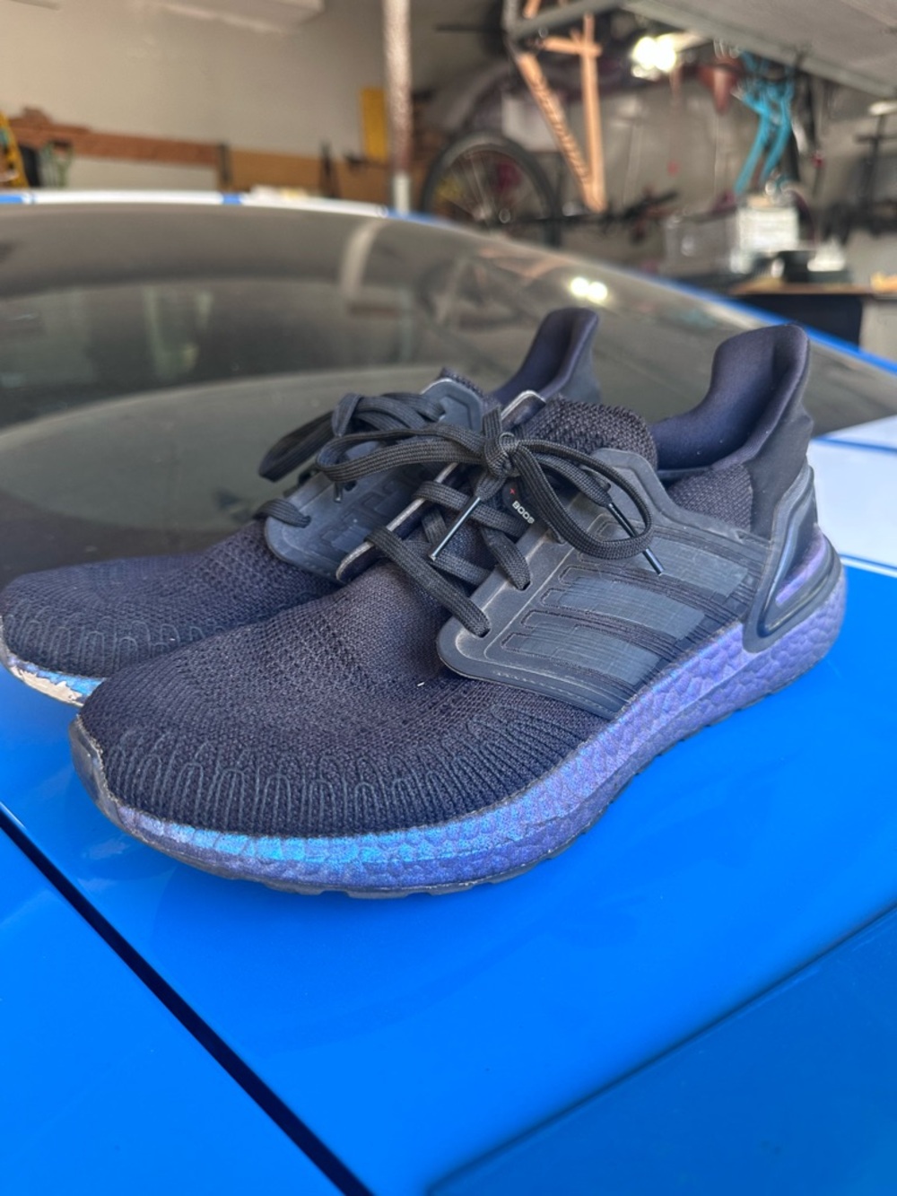 Adidas womens Black adiboosts Shoes with Iridescent Purple/ blue Midsole